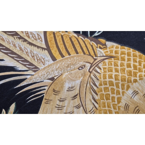 150 - SOFA, in a black and gold bird fabric, approx 190cm W x 88cm H.