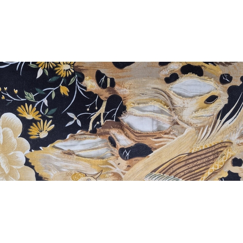 150 - SOFA, in a black and gold bird fabric, approx 190cm W x 88cm H.