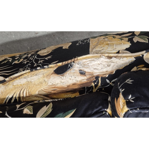 150 - SOFA, in a black and gold bird fabric, approx 190cm W x 88cm H.