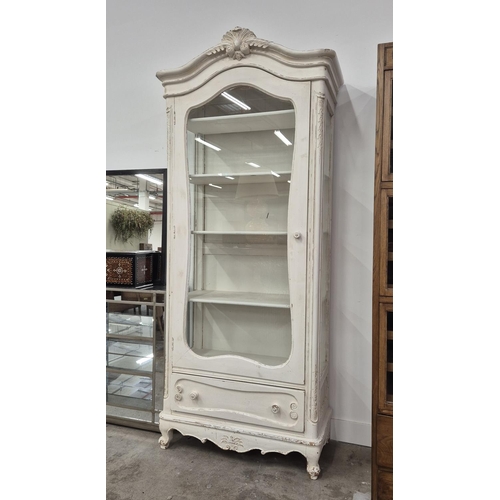 173 - DISPLAY CABINET, French style with a distressed white painted finish, 95cm W x 45cm D x 218cm H.