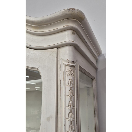 173 - DISPLAY CABINET, French style with a distressed white painted finish, 95cm W x 45cm D x 218cm H.