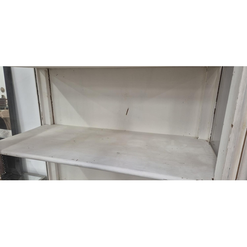 173 - DISPLAY CABINET, French style with a distressed white painted finish, 95cm W x 45cm D x 218cm H.