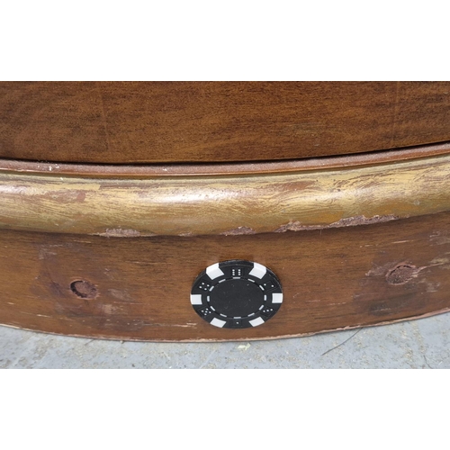 307 - CASINO BAR TABLE, demi lune with removable top revealing green baize games top with roulette wheel a... 