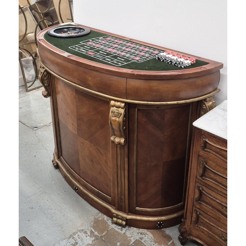 307 - CASINO BAR TABLE, demi lune with removable top revealing green baize games top with roulette wheel a... 