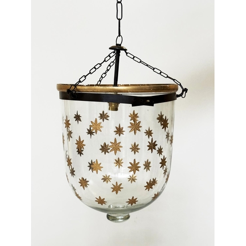 181 - BELL JAR  HALL LANTERN, gilt star decorated bell jar, glass with bronze style mounts, 64cm H approx ... 