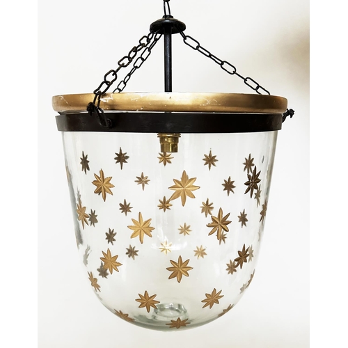 181 - BELL JAR  HALL LANTERN, gilt star decorated bell jar, glass with bronze style mounts, 64cm H approx ... 