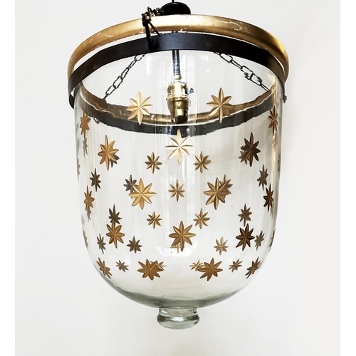 181 - BELL JAR  HALL LANTERN, gilt star decorated bell jar, glass with bronze style mounts, 64cm H approx ... 