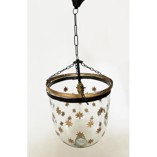 181 - BELL JAR  HALL LANTERN, gilt star decorated bell jar, glass with bronze style mounts, 64cm H approx ... 