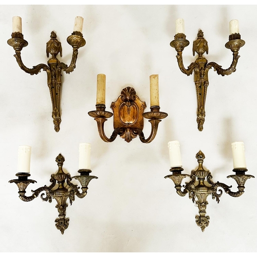 184 - WALL LIGHTS, two pairs, gilt metal each with two candelabra together with a shield back two-branch c... 