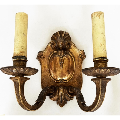 184 - WALL LIGHTS, two pairs, gilt metal each with two candelabra together with a shield back two-branch c... 