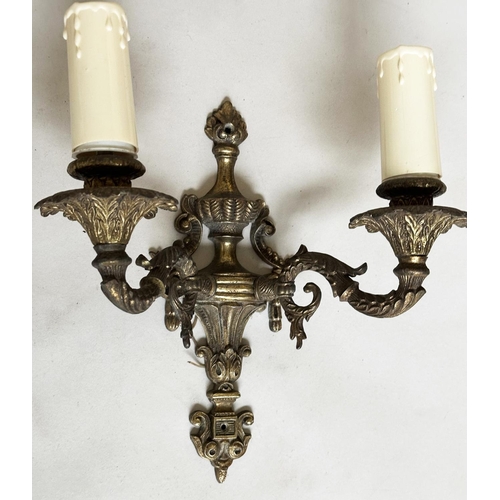 184 - WALL LIGHTS, two pairs, gilt metal each with two candelabra together with a shield back two-branch c... 