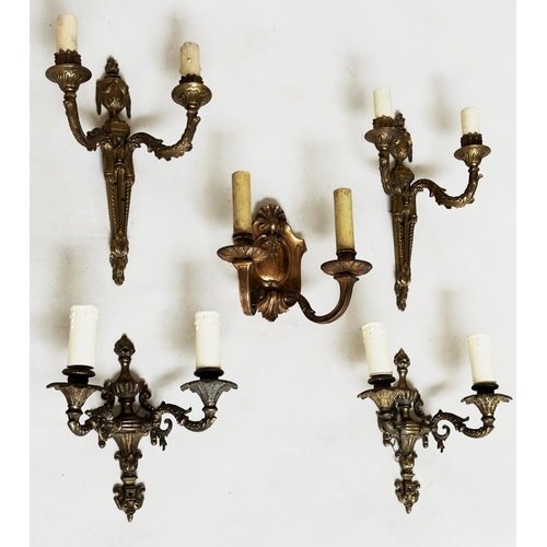 184 - WALL LIGHTS, two pairs, gilt metal each with two candelabra together with a shield back two-branch c... 