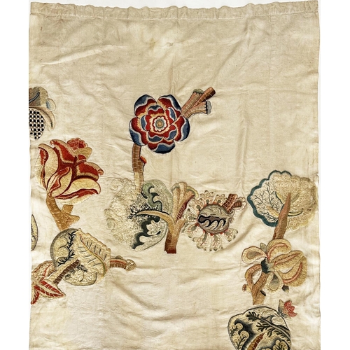 186 - WALL HANGING, 19th century canvas and lined incorporating deeply embroidered floral and foliated mot... 