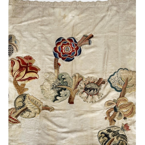 186 - WALL HANGING, 19th century canvas and lined incorporating deeply embroidered floral and foliated mot... 