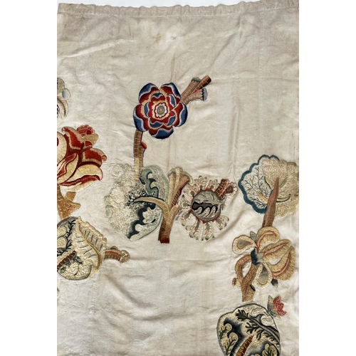 186 - WALL HANGING, 19th century canvas and lined incorporating deeply embroidered floral and foliated mot... 