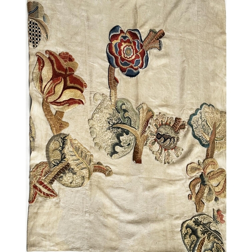 186 - WALL HANGING, 19th century canvas and lined incorporating deeply embroidered floral and foliated mot... 