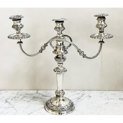 188 - CANDELABRUM, early 20th century George III design silver plated three branch, 40cm H.