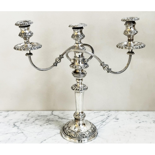 188 - CANDELABRUM, early 20th century George III design silver plated three branch, 40cm H.