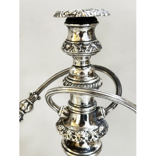 188 - CANDELABRUM, early 20th century George III design silver plated three branch, 40cm H.