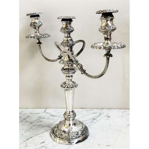 188 - CANDELABRUM, early 20th century George III design silver plated three branch, 40cm H.