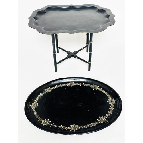 192 - LOW TABLE, 19th century shaped toleware gilt lined on later faux bamboo supports, together with a 19... 