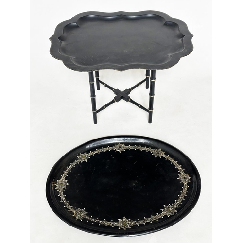 192 - LOW TABLE, 19th century shaped toleware gilt lined on later faux bamboo supports, together with a 19... 