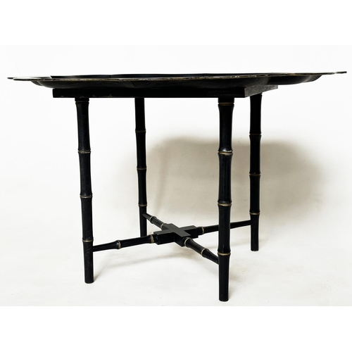 192 - LOW TABLE, 19th century shaped toleware gilt lined on later faux bamboo supports, together with a 19... 