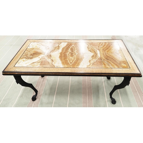 199 - LOW TABLE, Italian c.1950, the inlaid marble top on cast metal supports with paw supports, 110cm W x... 