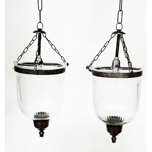 206 - BELL JAR HALL LANTERNS, a pair, reeded bell jar glass with bronze style mounts, approx 64cm H. (2)