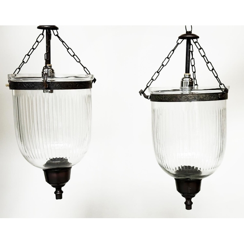 206 - BELL JAR HALL LANTERNS, a pair, reeded bell jar glass with bronze style mounts, approx 64cm H. (2)