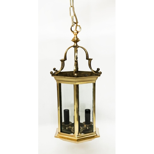 213 - HALL LANTERN, Georgian style gilt metal, hexagonal and glazed, 52cm H.