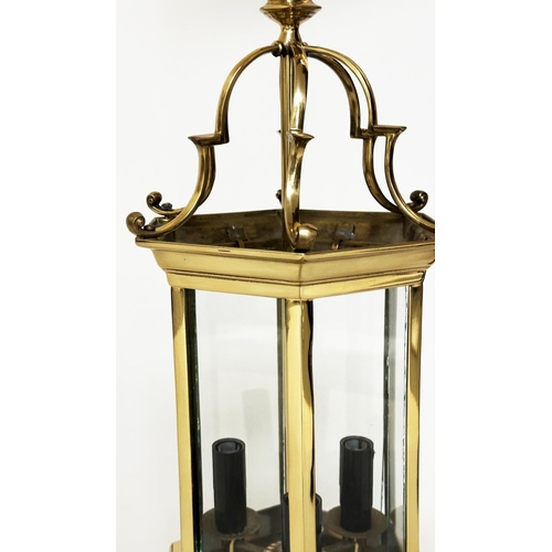 213 - HALL LANTERN, Georgian style gilt metal, hexagonal and glazed, 52cm H.