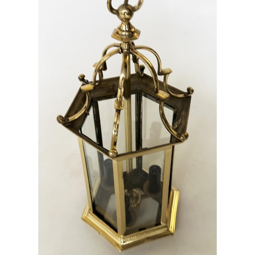 213 - HALL LANTERN, Georgian style gilt metal, hexagonal and glazed, 52cm H.