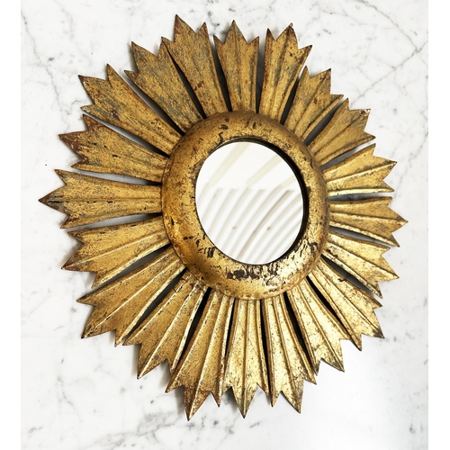 215 - STARBURST WALL MIRROR, circular plate with gilt metal starburst frame, 40cm W.