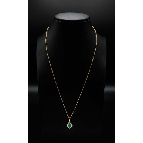 16 - 18CT YELLOW GOLD OVAL EMERALD AND RBC DIAMOND CLUSTER NECKLACE, boxed, emerald 0.51ct, diamonds 0.23... 