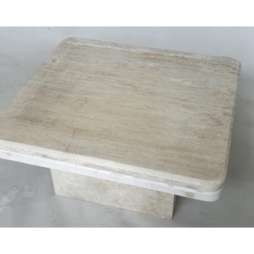 212 - TRAVERTINE LOW TABLE, circa 1970, Italian rounded rectangular with plinth support, 70cm W x 64cm D x... 