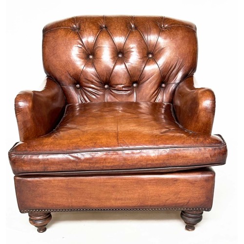 214 - CLUB ARMCHAIR BY TIMOTHY OULTON, hand finished antique soft tan leather with buttoned back and turne... 