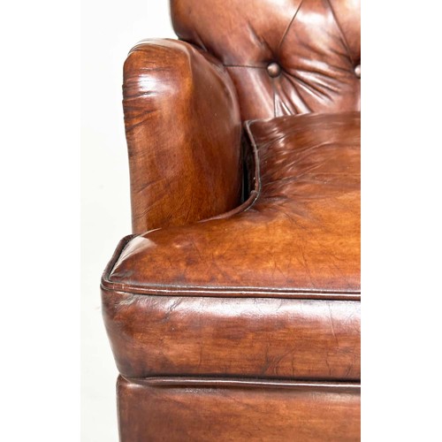 214 - CLUB ARMCHAIR BY TIMOTHY OULTON, hand finished antique soft tan leather with buttoned back and turne... 