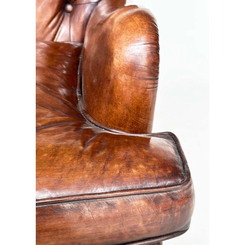 214 - CLUB ARMCHAIR BY TIMOTHY OULTON, hand finished antique soft tan leather with buttoned back and turne... 