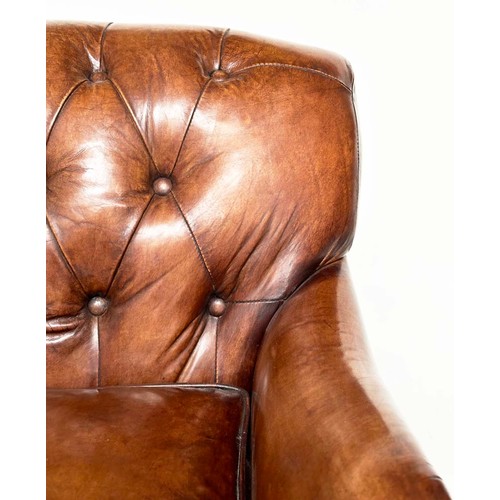 214 - CLUB ARMCHAIR BY TIMOTHY OULTON, hand finished antique soft tan leather with buttoned back and turne... 