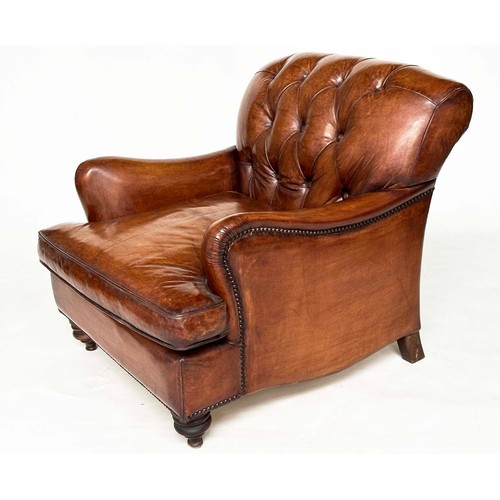 214 - CLUB ARMCHAIR BY TIMOTHY OULTON, hand finished antique soft tan leather with buttoned back and turne... 