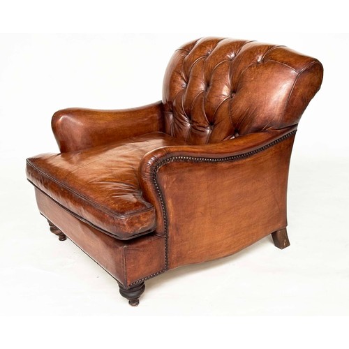 214 - CLUB ARMCHAIR BY TIMOTHY OULTON, hand finished antique soft tan leather with buttoned back and turne... 