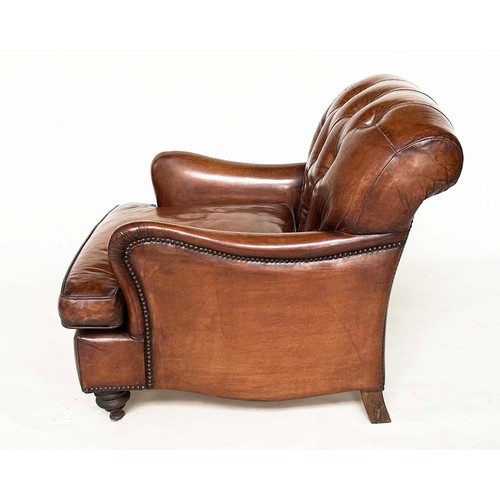 214 - CLUB ARMCHAIR BY TIMOTHY OULTON, hand finished antique soft tan leather with buttoned back and turne... 