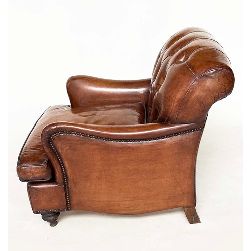 214 - CLUB ARMCHAIR BY TIMOTHY OULTON, hand finished antique soft tan leather with buttoned back and turne... 