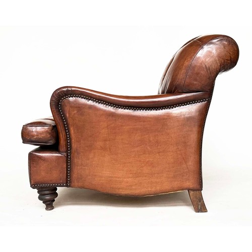 214 - CLUB ARMCHAIR BY TIMOTHY OULTON, hand finished antique soft tan leather with buttoned back and turne... 