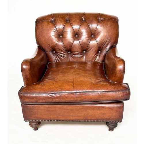 214 - CLUB ARMCHAIR BY TIMOTHY OULTON, hand finished antique soft tan leather with buttoned back and turne... 