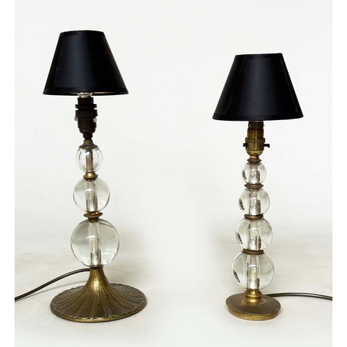 216 - TABLE LAMPS, two with lead crystal-glass columns each with gilt metal base, taller 46cm H. (2)