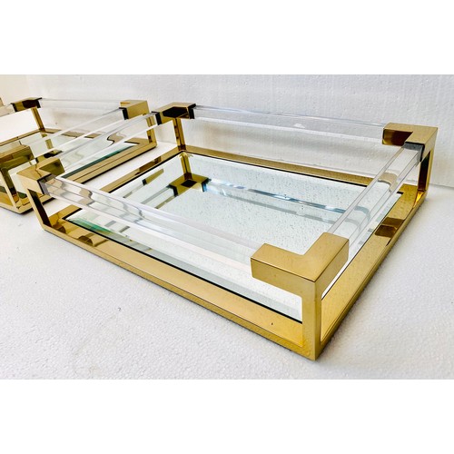 611 - DRINKS TRAYS, a pair, contemporary design gilt metal with mirrored glass, 11cm H x 50cm W x 35cm D (... 