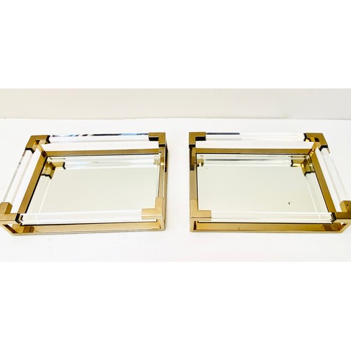 611 - DRINKS TRAYS, a pair, contemporary design gilt metal with mirrored glass, 11cm H x 50cm W x 35cm D (... 