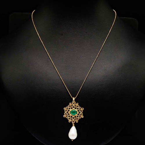 58 - FANCY OPENWORK PENDANT SET WITH A SUSPENDED CULTURED PEARL, and oval-cut emerald and mixed cut diamo... 